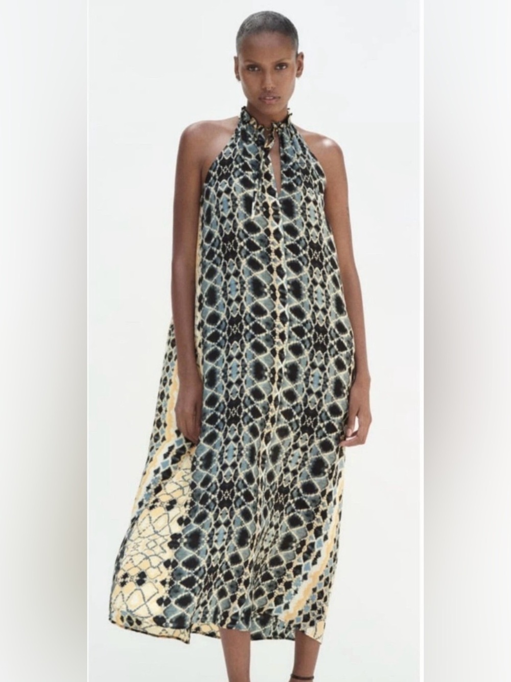 Zara Black Cream Animal Snake Print Sleeveless Ruffle Halter Maxi Dress Tie Neck